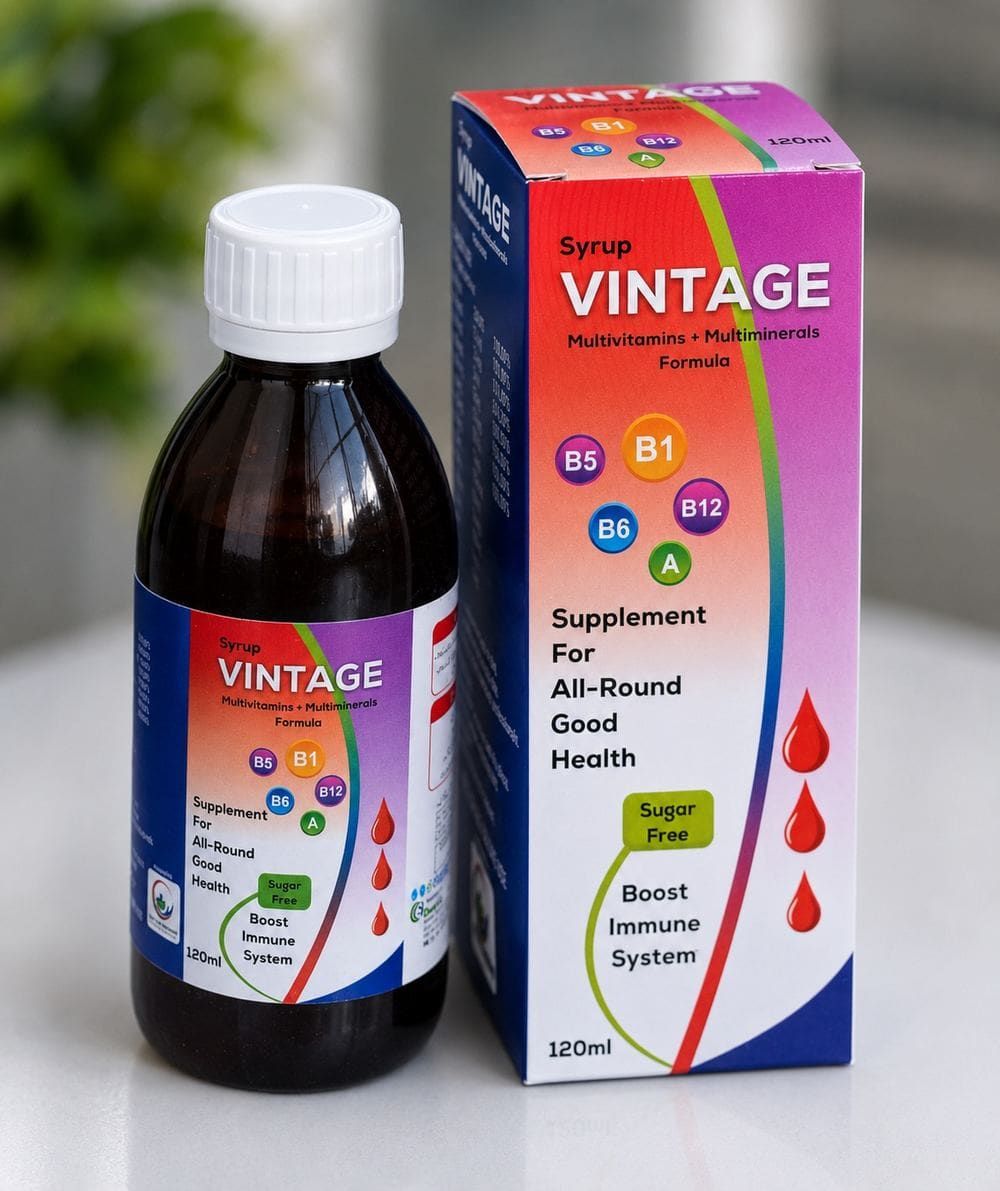 Vintage multivitamin and multimineral supplement bottle with colourful capsules
